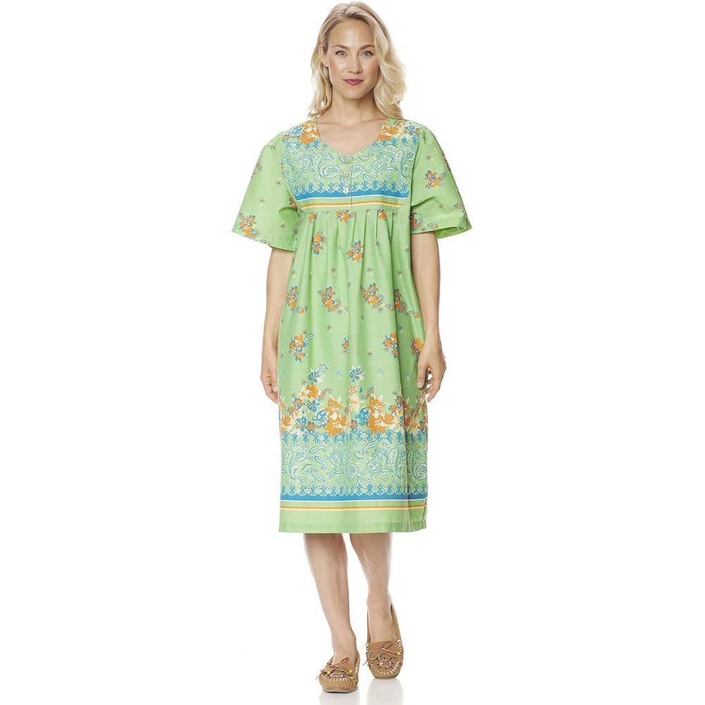 imageAmeriMark Womens Patio Dress Lounger Floral Print Border Short Sleeve amp PocketsGreen Border