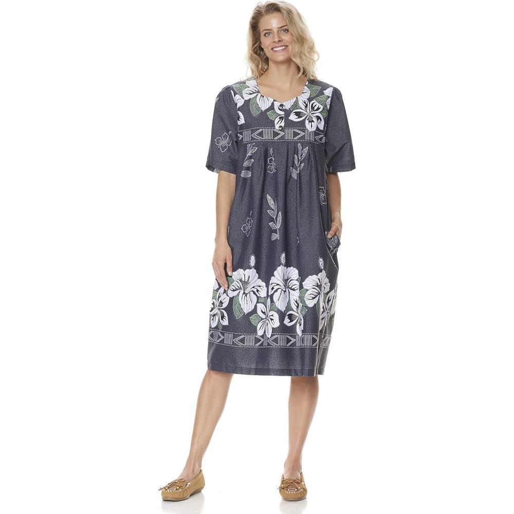 imageAmeriMark Womens Patio Dress Lounger Floral Print Border Short Sleeve amp PocketsMidnight