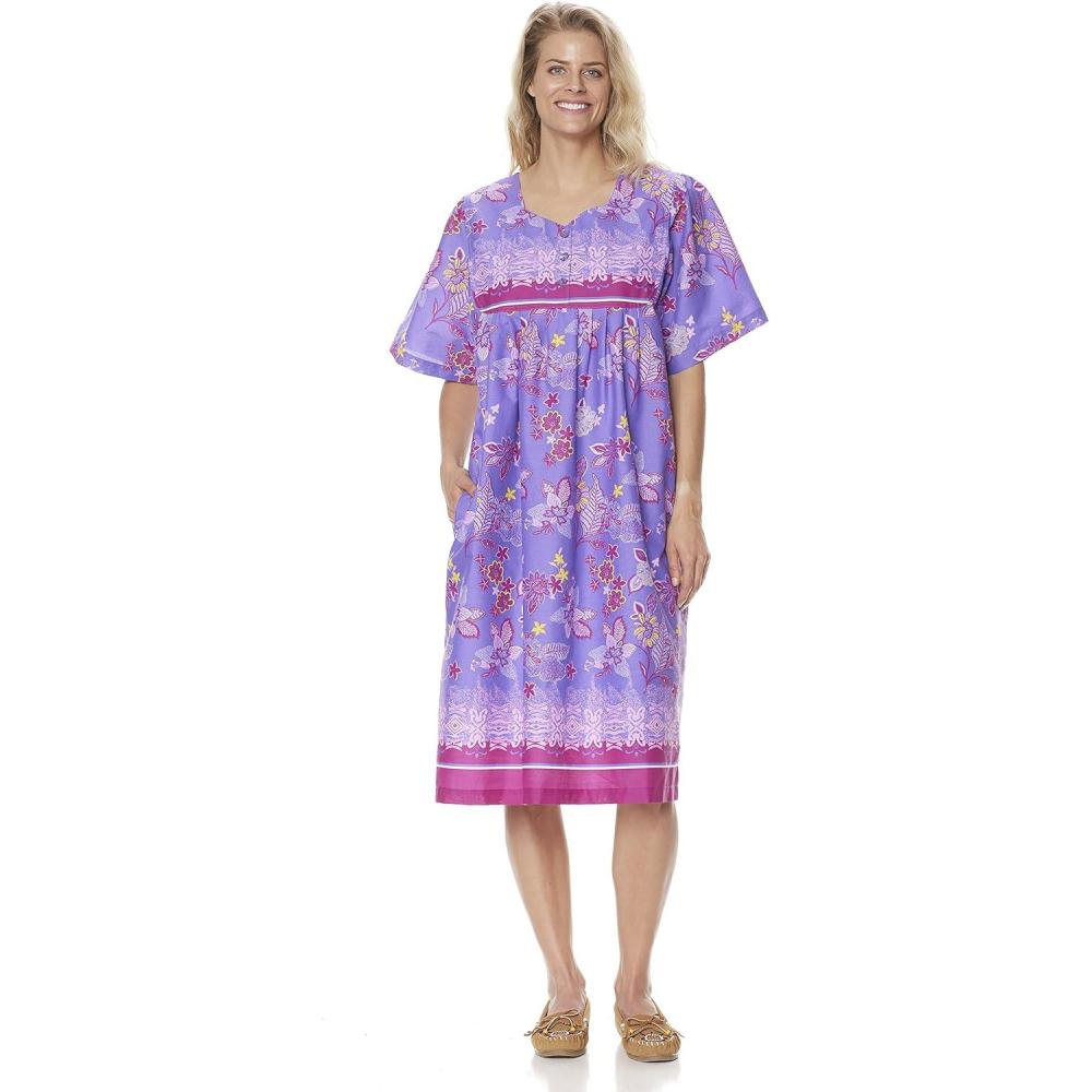 imageAmeriMark Womens Patio Dress Lounger Floral Print Border Short Sleeve amp PocketsPurple Multi