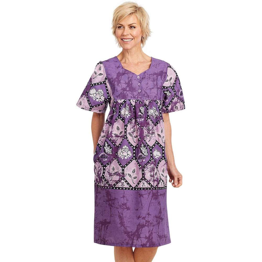 imageAmeriMark Womens Patio Dress Lounger Floral Print Border Short Sleeve amp PocketsPurple Print