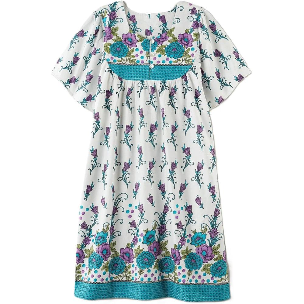 imageAmeriMark Womens Patio Dress Lounger Floral Print Border Short Sleeve amp PocketsPurple Teal Border