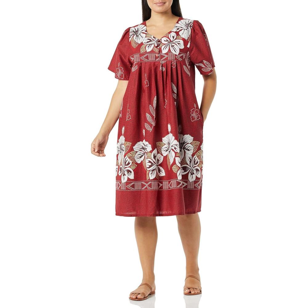 imageAmeriMark Womens Patio Dress Lounger Floral Print Border Short Sleeve amp PocketsRed