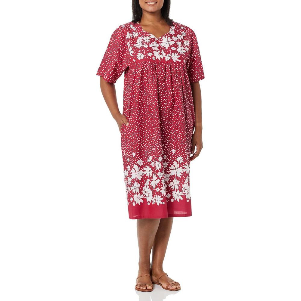 imageAmeriMark Womens Patio Dress Lounger Floral Print Border Short Sleeve amp PocketsRed Border