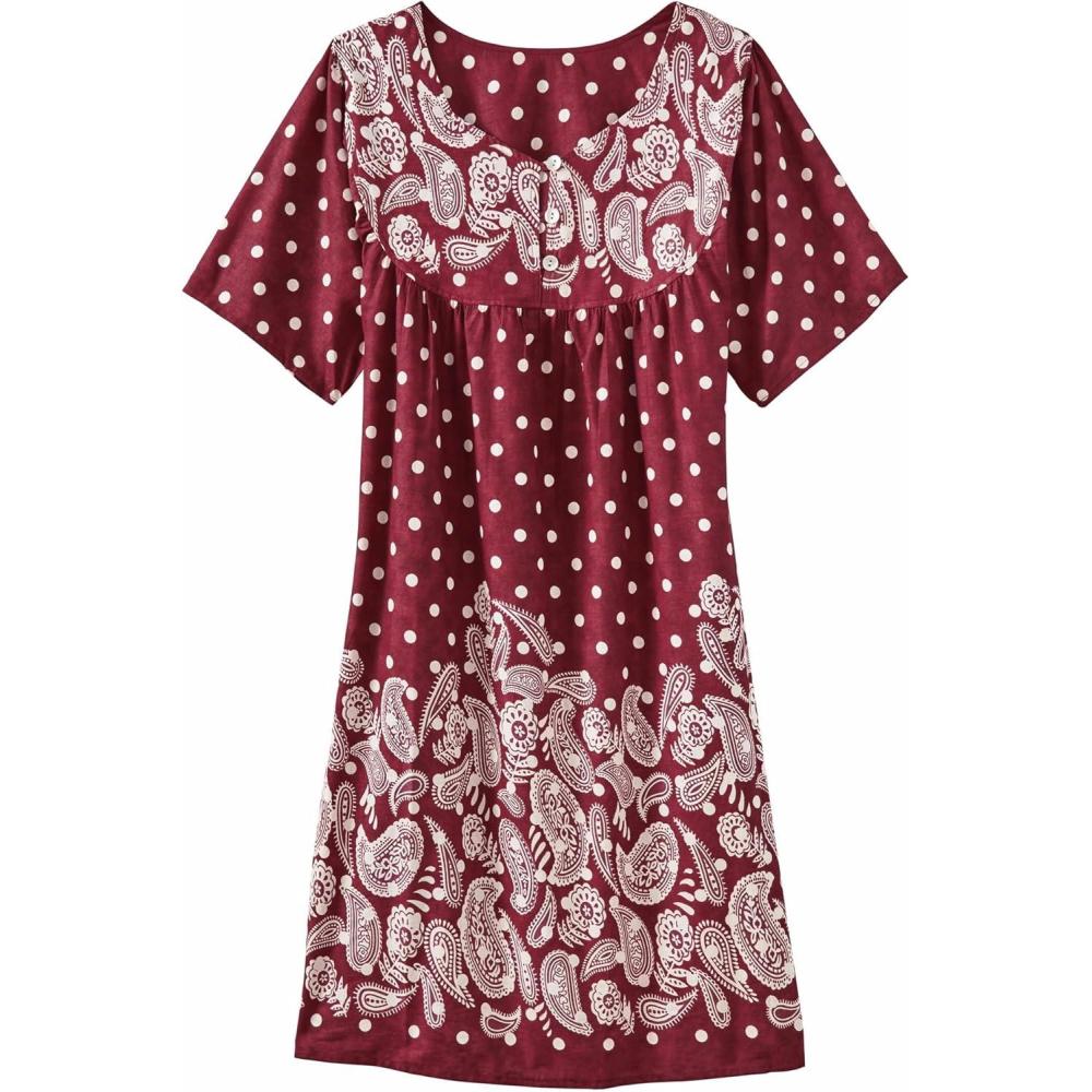 imageAmeriMark Womens Patio Dress Lounger Floral Print Border Short Sleeve amp PocketsRed Paisley