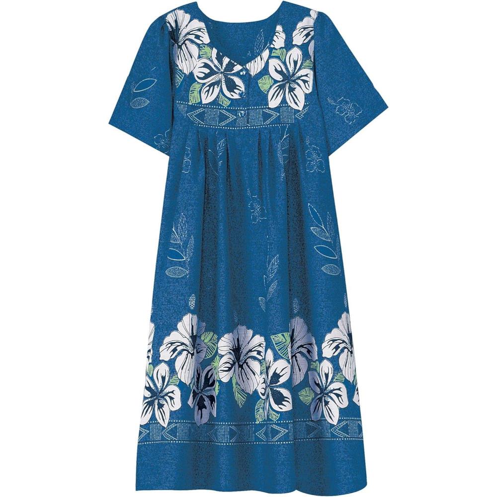 imageAmeriMark Womens Patio Dress Lounger Floral Print Border Short Sleeve amp PocketsSapphire