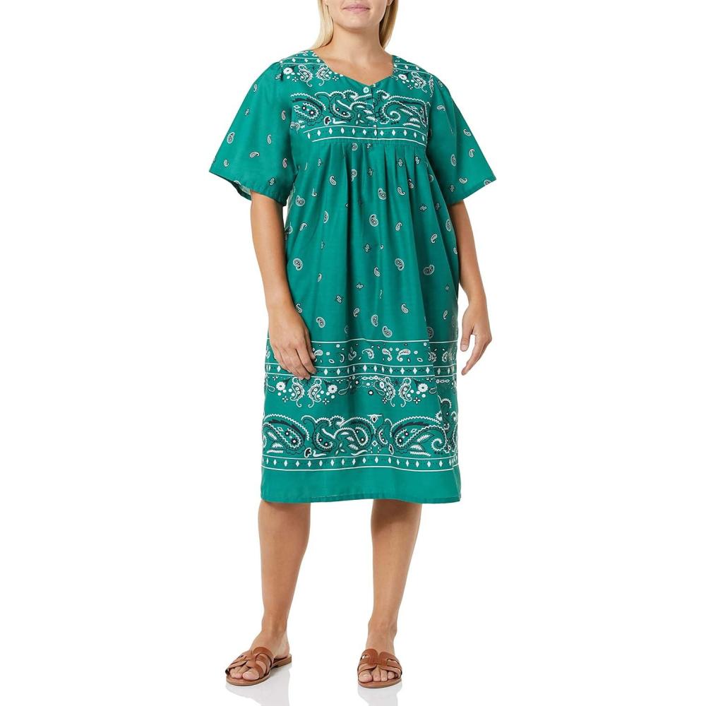 imageAmeriMark Womens Patio Dress Lounger Floral Print Border Short Sleeve amp PocketsTeal Multi