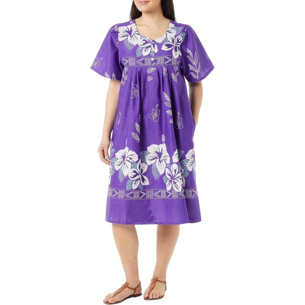 imageAmeriMark Womens Patio Dress Lounger Floral Print Border Short Sleeve amp PocketsViolet