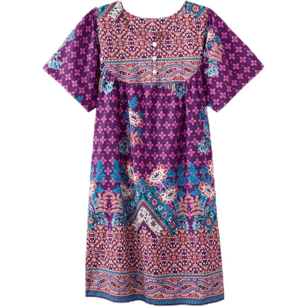 imageAmeriMark Womens Patio Dress Lounger Floral Print Border Short Sleeve amp PocketsViolet Floral
