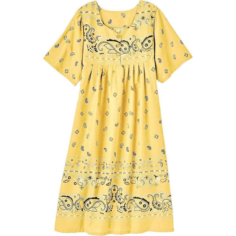 imageAmeriMark Womens Patio Dress Lounger Floral Print Border Short Sleeve amp PocketsYellow Border