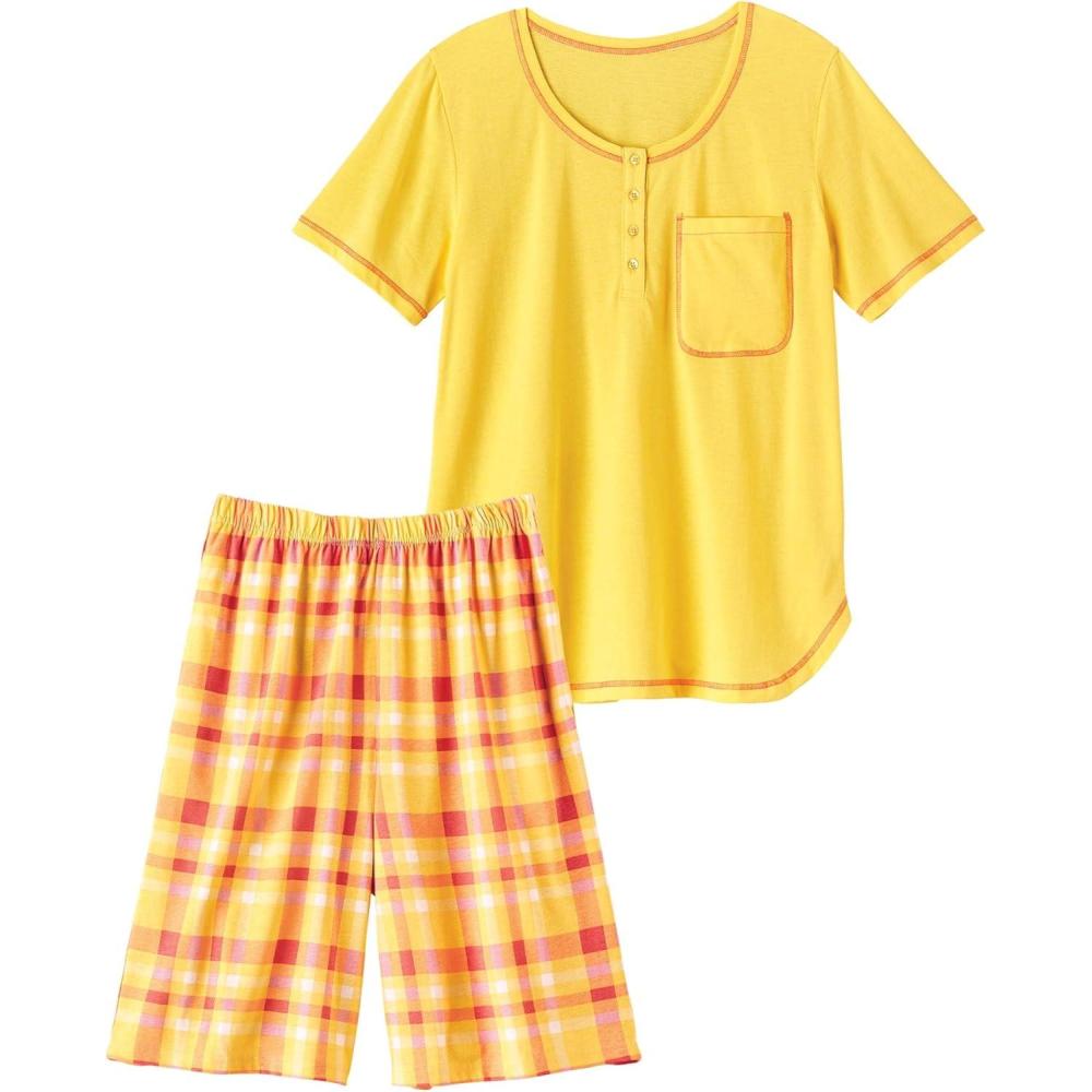 imageAmeriMark Womens Short Pajama Set Checkered Woven Pants amp Short Sleeve PJ Top TropicalSunshine Yellow