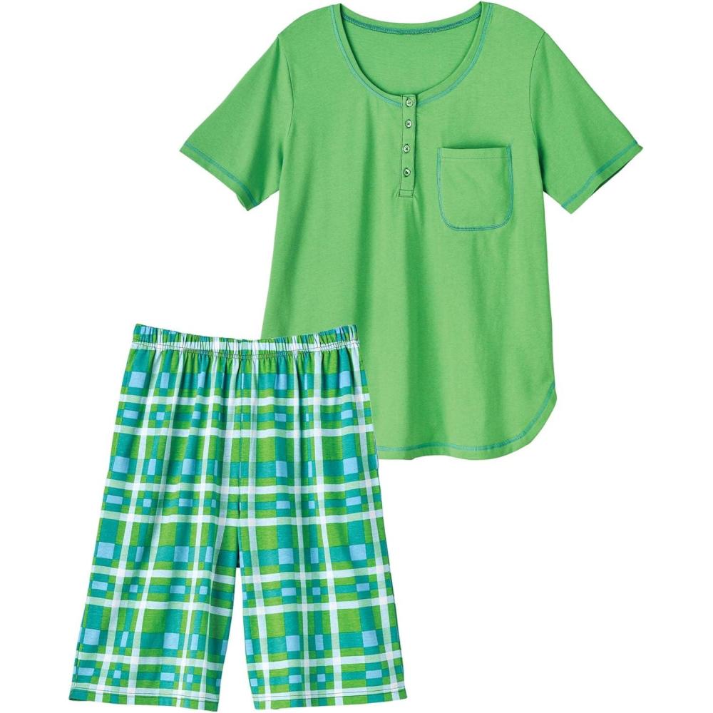 imageAmeriMark Womens Short Pajama Set Checkered Woven Pants amp Short Sleeve PJ Top TropicalTropical Green