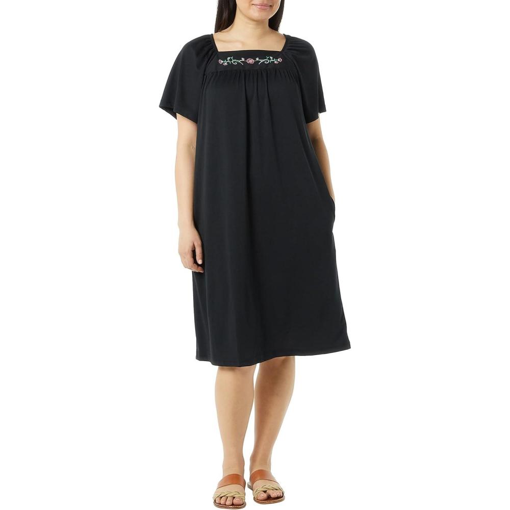 imageAmeriMark Womens Solid Embroidered House Dress with Pockets Muu Muu Nightgown Plus SizeBlack