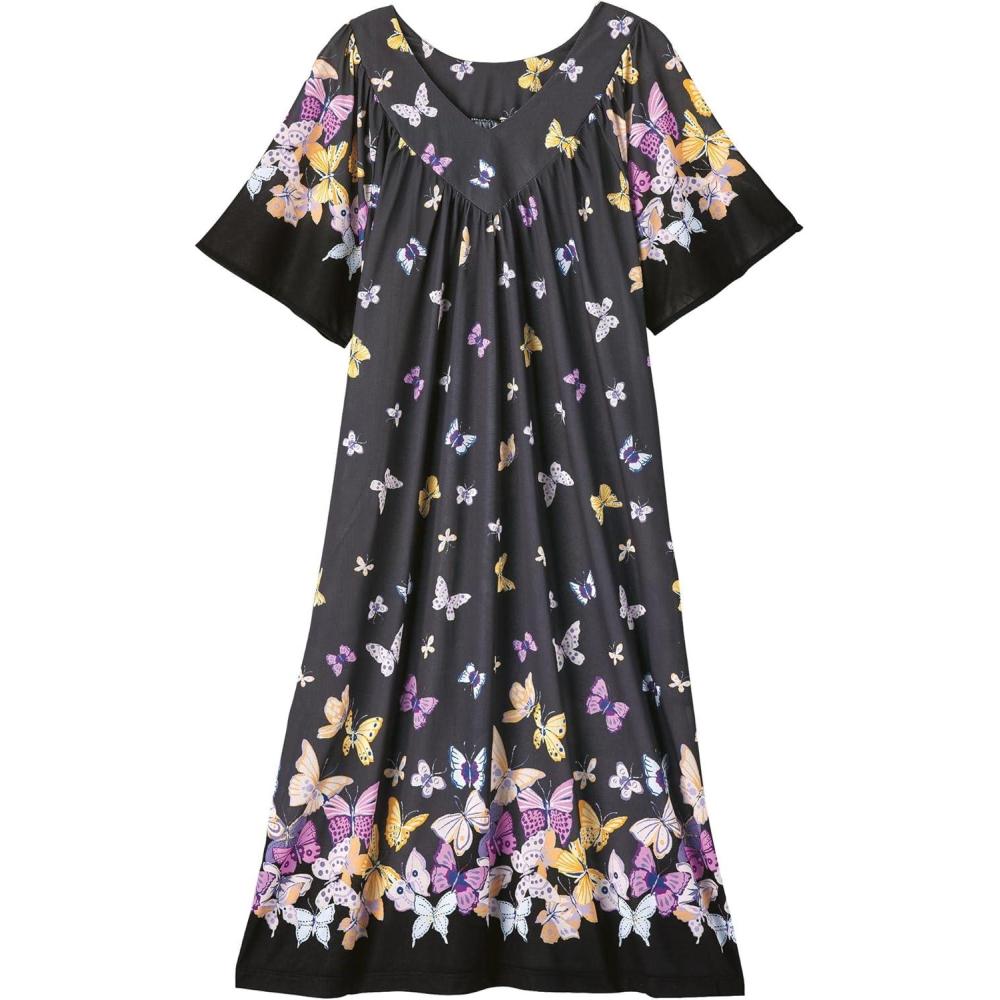 imageAmeriMark Womens VNeck Lounger House Dress with Pockets Muumuu NightgownBlack Butterflies