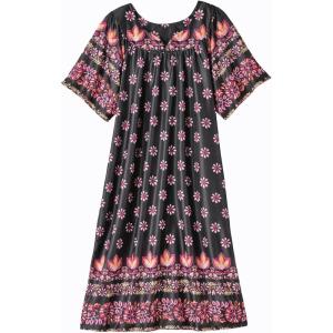 AmeriMark Casual Women’s Patio Muumuu House Dress Loose Comfortable Short Sleeve Sun Dress Lounger Gown Sleepwear for Ladies(Black Tapestry Border)