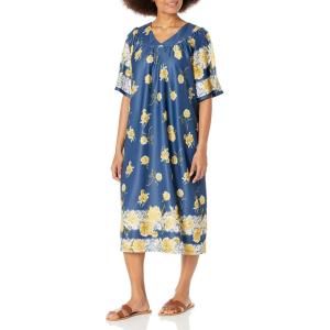 AmeriMark Casual Women’s Patio Muumuu House Dress Loose Comfortable Short Sleeve Sun Dress Lounger Gown Sleepwear for Ladies(Navy Rose Border)
