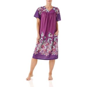 AmeriMark Casual Women’s Patio Muumuu House Dress Loose Comfortable Short Sleeve Sun Dress Lounger Gown Sleepwear for Ladies(Purple Teal Border)