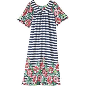 AmeriMark Casual Women’s Patio Muumuu House Dress Loose Comfortable Short Sleeve Sun Dress Lounger Gown Sleepwear for Ladies(Stripe Rose)