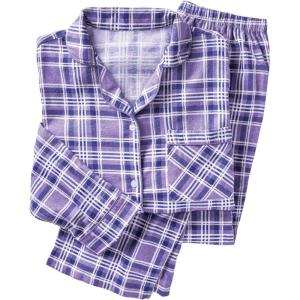 AmeriMark Cozee Corner Floral Printed Flannel Pajama Set – 100% Cotton Flannel PJs, Button-Down Top, Elastic Waist Pants(Lilac Plaid)