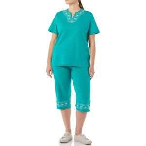 AmeriMark Embroidered Floral Trim Capri Set Women’s Capri Top & Pants Outfit(Jade)