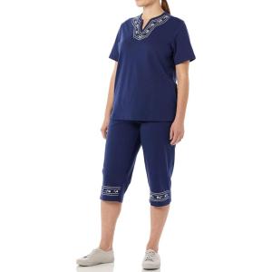 AmeriMark Embroidered Floral Trim Capri Set Women’s Capri Top & Pants Outfit(Navy)