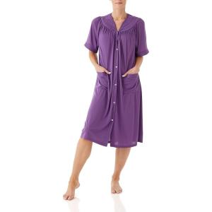 AmeriMark Women Calf-Length Snap Front Duster Bathrobe – Plush Loose-Fitting Housecoat Full Coverage Bath Robe Patch Pockets(Purple)