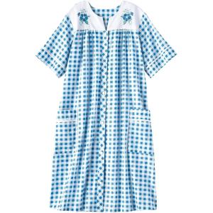 AmeriMark Women Calf-Length Snap Front Knit Duster House Coat Robe – Loose-Fitting Plush Bathrobe – Short Sleeve Bath Robe(Blue Check)