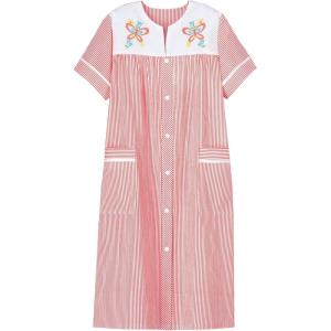 AmeriMark Women Calf-Length Snap Front Knit Duster House Coat Robe – Loose-Fitting Plush Bathrobe – Short Sleeve Bath Robe(Coral Splash)