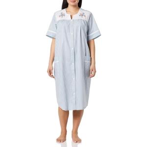 AmeriMark Women Calf-Length Snap Front Knit Duster House Coat Robe – Loose-Fitting Plush Bathrobe – Short Sleeve Bath Robe(French Blue)