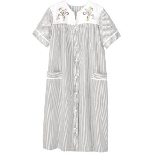 AmeriMark Women Calf-Length Snap Front Knit Duster House Coat Robe – Loose-Fitting Plush Bathrobe – Short Sleeve Bath Robe(Khaki Stripe)