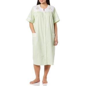 AmeriMark Women Calf-Length Snap Front Knit Duster House Coat Robe – Loose-Fitting Plush Bathrobe – Short Sleeve Bath Robe(Mint Stripe)