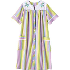 AmeriMark Women Calf-Length Snap Front Knit Duster House Coat Robe – Loose-Fitting Plush Bathrobe – Short Sleeve Bath Robe(Multi Stripe)