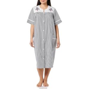 AmeriMark Women Calf-Length Snap Front Knit Duster House Coat Robe – Loose-Fitting Plush Bathrobe – Short Sleeve Bath Robe(Navy Stripe)