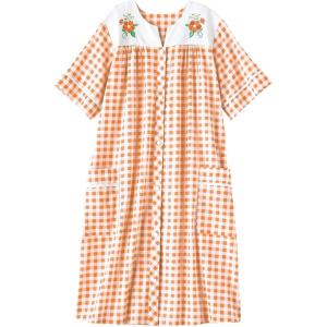 AmeriMark Women Calf-Length Snap Front Knit Duster House Coat Robe – Loose-Fitting Plush Bathrobe – Short Sleeve Bath Robe(Orange Check)
