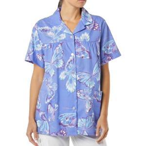AmeriMark Women’s Button Front Smock Casual Button-Down Shirt w/Patch Pockets Purple Butterfly 2X