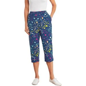 AmeriMark Women’s Capri Pants – Full Elastic Waist Pedal Pushers – Ladies 100% Cotton Pull-On Cropped Pants – Side Pockets(Print)