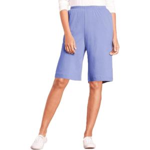 AmeriMark Women’s Full Elastic Waist Athletic Bermuda Shorts – Ladies 100% Cotton Pull-On Golf Shorts with Pockets(Soft Iris)