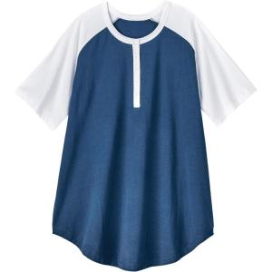AmeriMark Womens Henley Baseball Shirt Tunic Top Contrast Sleeves(Navy White)