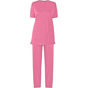 AmeriMark Women’s Henley Pant Set Short Sleeve Top with Pocket & Pull-On Pants(Rosette)
