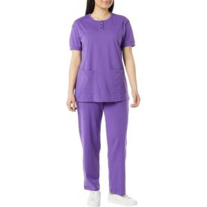 AmeriMark Women’s Henley Pant Set Short Sleeve Top with Pocket & Pull-On Pants(Violet)