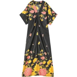 AmeriMark Women’s Long Length Caftan Hawaiian Muu Muu Night Gown with Pocket(Black Multi)