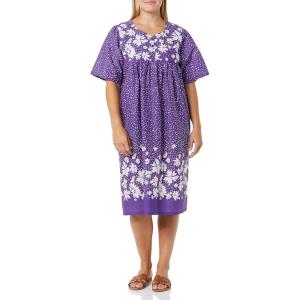 AmeriMark Womens Patio Dress Lounger Floral Print Border Short Sleeve & Pockets(Black Berry)
