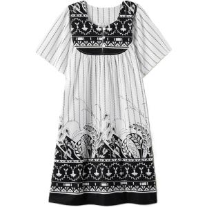 AmeriMark Womens Patio Dress Lounger Floral Print Border Short Sleeve & Pockets(Black/White Border)
