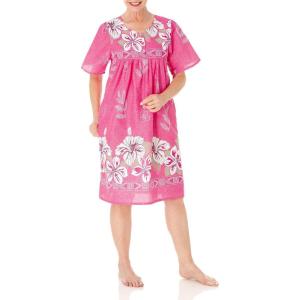 AmeriMark Womens Patio Dress Lounger Floral Print Border Short Sleeve & Pockets(Bright Orchid)