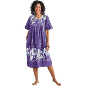 AmeriMark Womens Patio Dress Lounger Floral Print Border Short Sleeve & Pockets(Dark Purple)