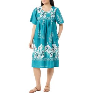 AmeriMark Womens Patio Dress Lounger Floral Print Border Short Sleeve & Pockets(Dark Teal)