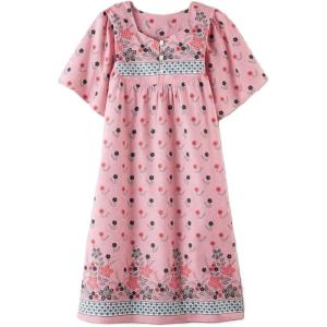 AmeriMark Womens Patio Dress Lounger Floral Print Border Short Sleeve & Pockets(Dusty Rose Border)