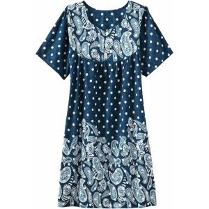 AmeriMark Womens Patio Dress Lounger Floral Print Border Short Sleeve & Pockets(French Blue Paisley)