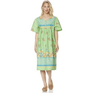 AmeriMark Womens Patio Dress Lounger Floral Print Border Short Sleeve & Pockets(Green Border)