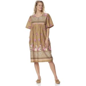 AmeriMark Womens Patio Dress Lounger Floral Print Border Short Sleeve & Pockets(Khaki Border)
