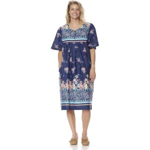 AmeriMark Womens Patio Dress Lounger Floral Print Border Short Sleeve & Pockets(Navy Border)